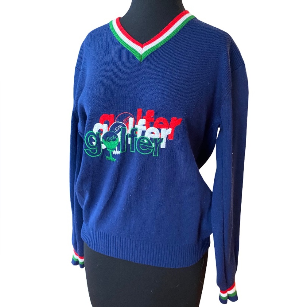 Vintage Lady LaMode golfer logo retro sport multicolored v-neck sweater size XL